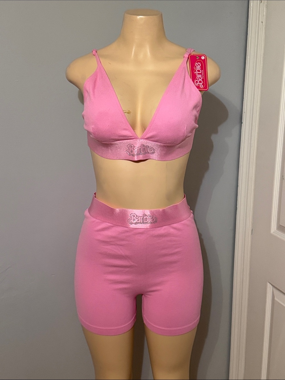 Barbie Pink Ribbed Bralette and High-Waist Shorts